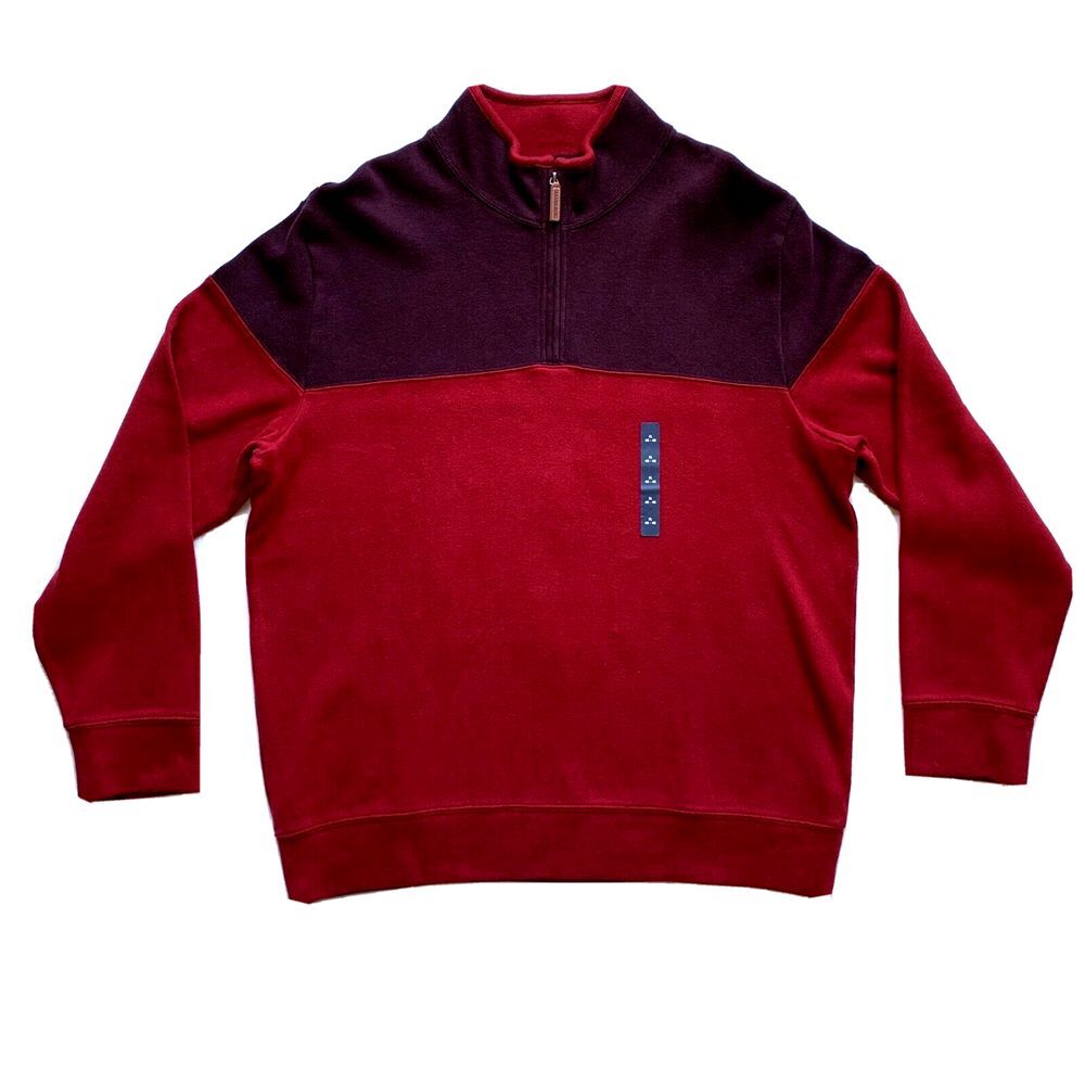 Lands' End Sweater Pullover Men XL (46-48) 1/4 Zip Color Block Mock Neck Red NEW